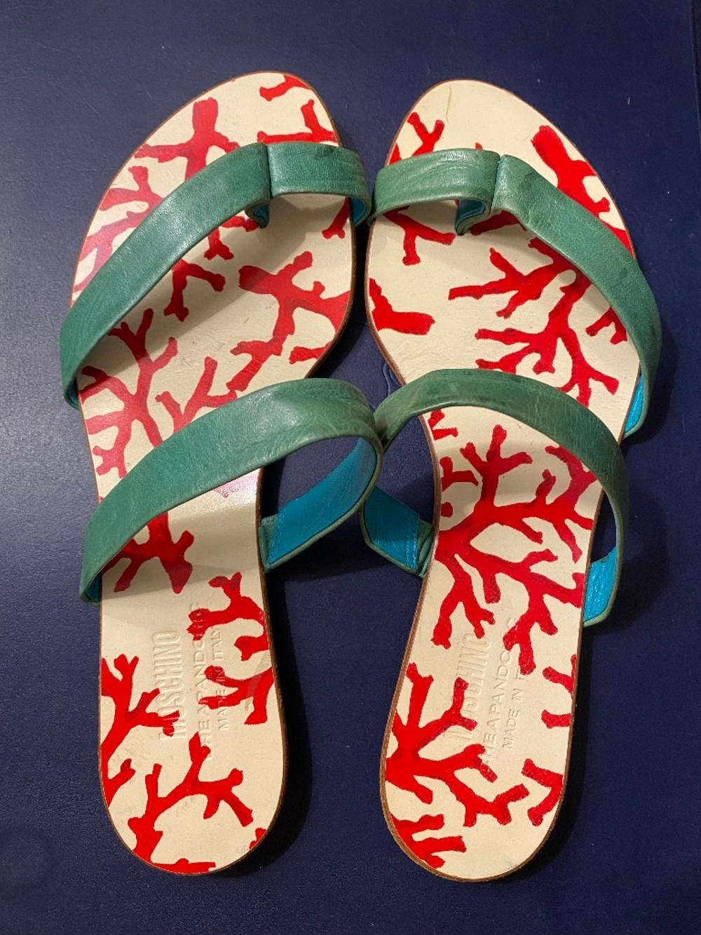 Moschino Turquoise/Green Leather Sea Coral Print Slide Sandals 37 IT /US 6.5 - 7